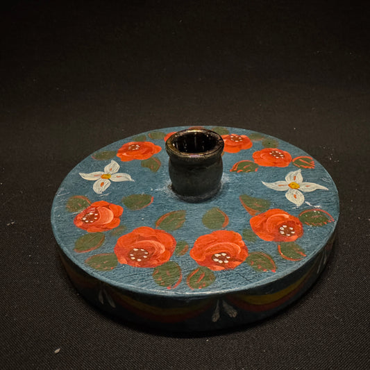 Vintage Folk Art Hand Painted Wood Candle Holder. Scandinavia Early - Mid 1900s