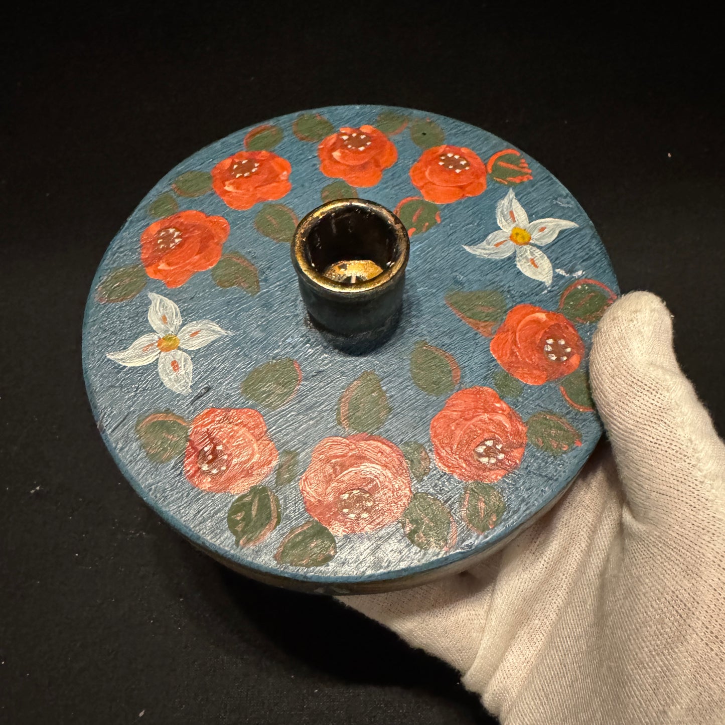Vintage Folk Art Hand Painted Wood Candle Holder. Scandinavia Early - Mid 1900s