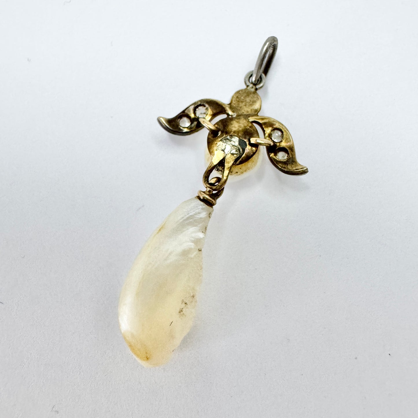 Antique Silver Diamond Baroque Pearl Pendant.