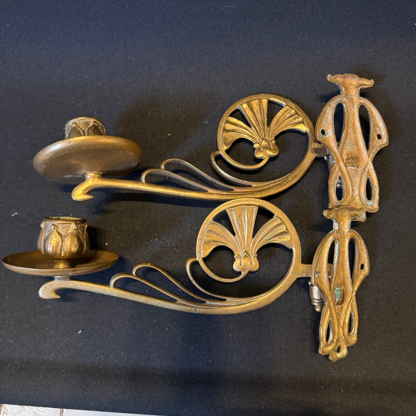 Antique ca 1920. Brass Piano Candle Sconces. Art Nouveau Jugendstill