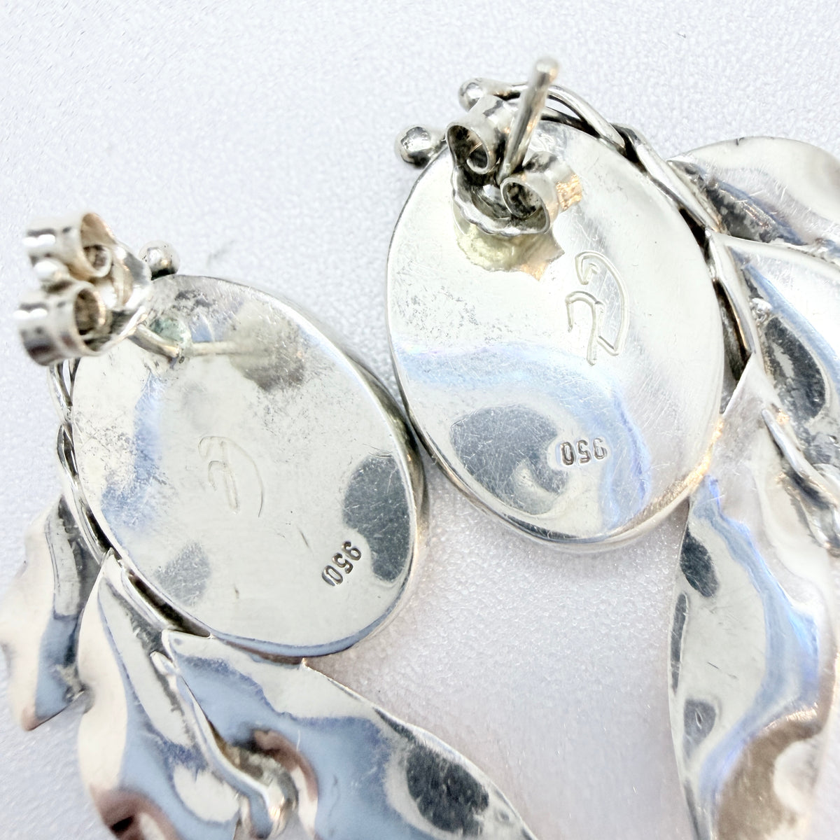 Vintage 950 Sterling Silver Buffalo Horn (prob) Large Pair of Earrings. Signed.