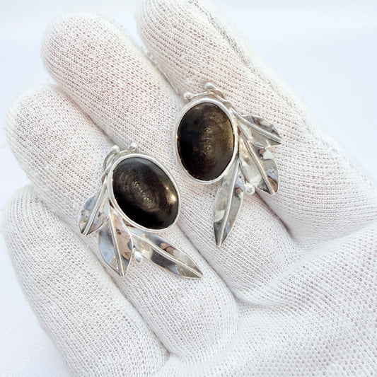 Vintage 950 Sterling Silver Buffalo Horn (prob) Large Pair of Earrings. Signed.