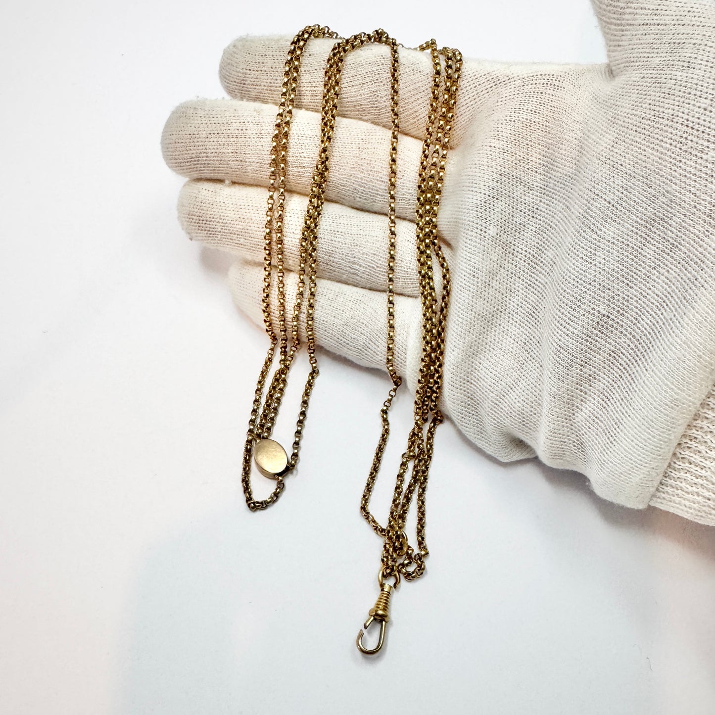 Early 1900s Antique Gold Doublé 51 inch Watch Chain with Slide.