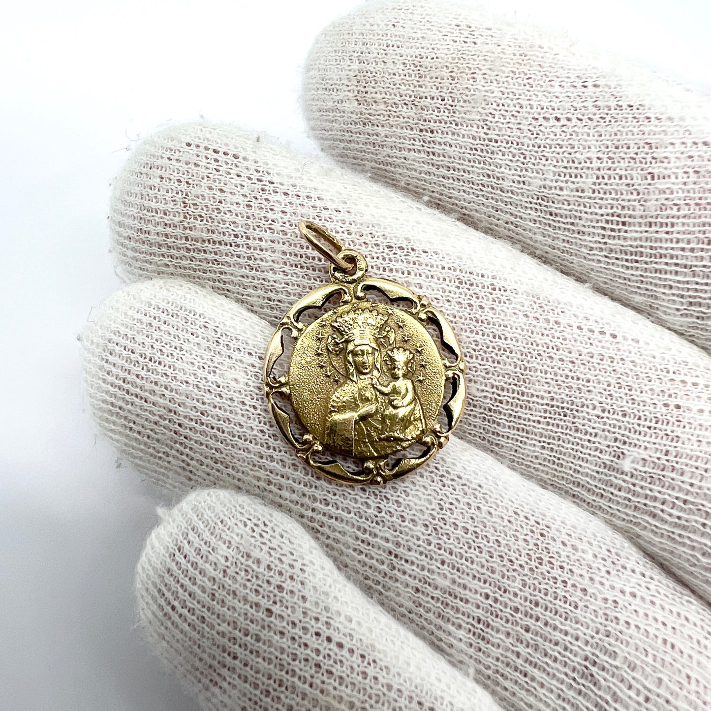 Poland 1920-31. Antique 14k Gold Crowned Madonna with Child Pendant.