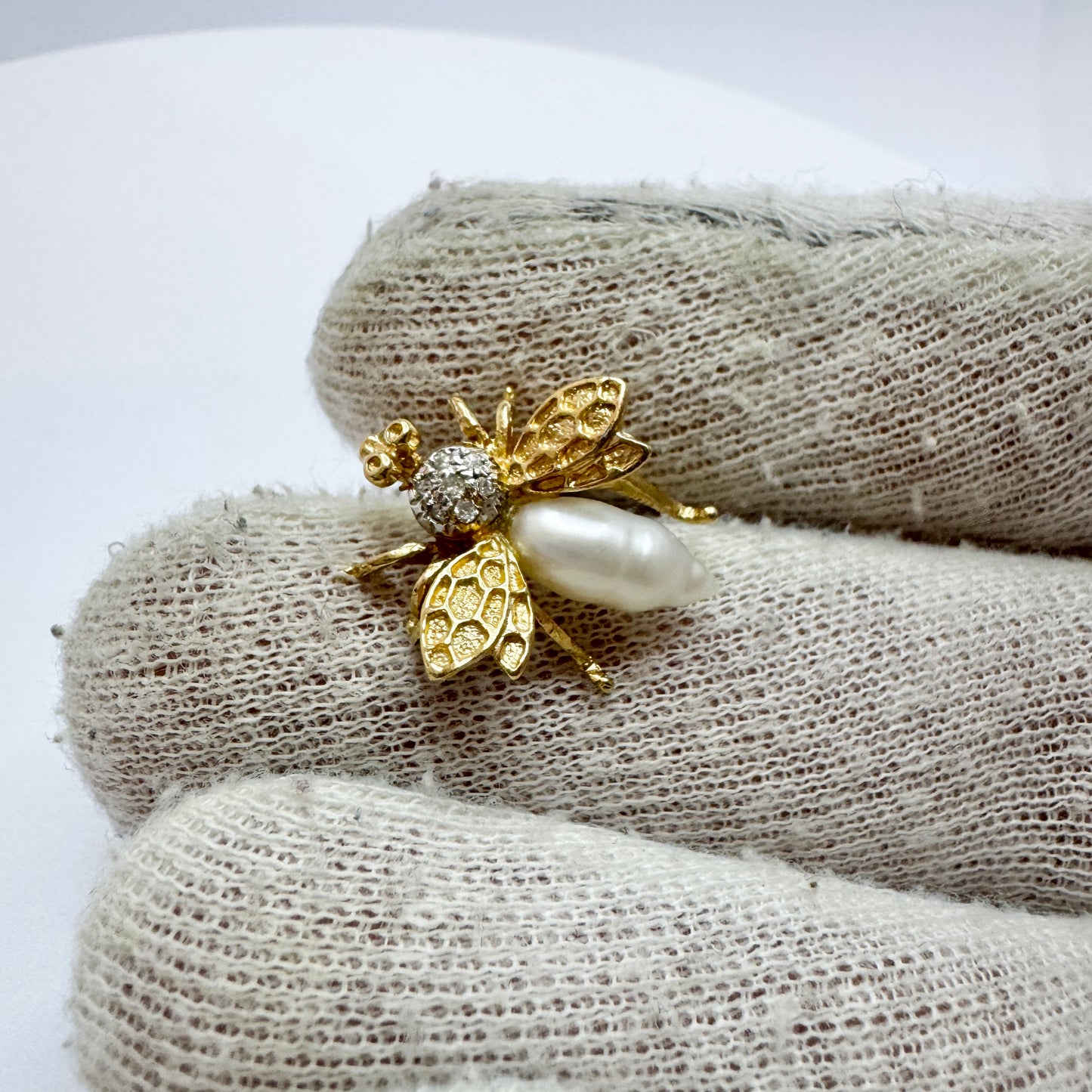 Vintage 14k Gold Diamond Pearl Bug Brooch.