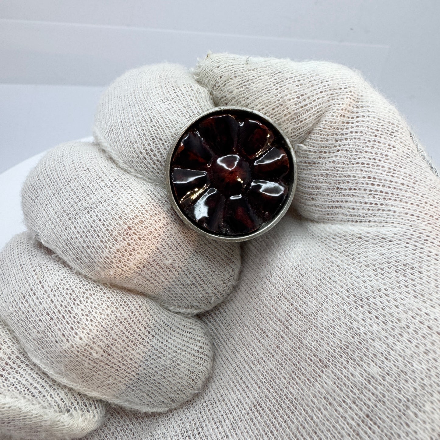 Lysgaard Design, Denmark c 1970. Bold Vintage Hippie Flower Pewter Enamel Ceramic Ring.