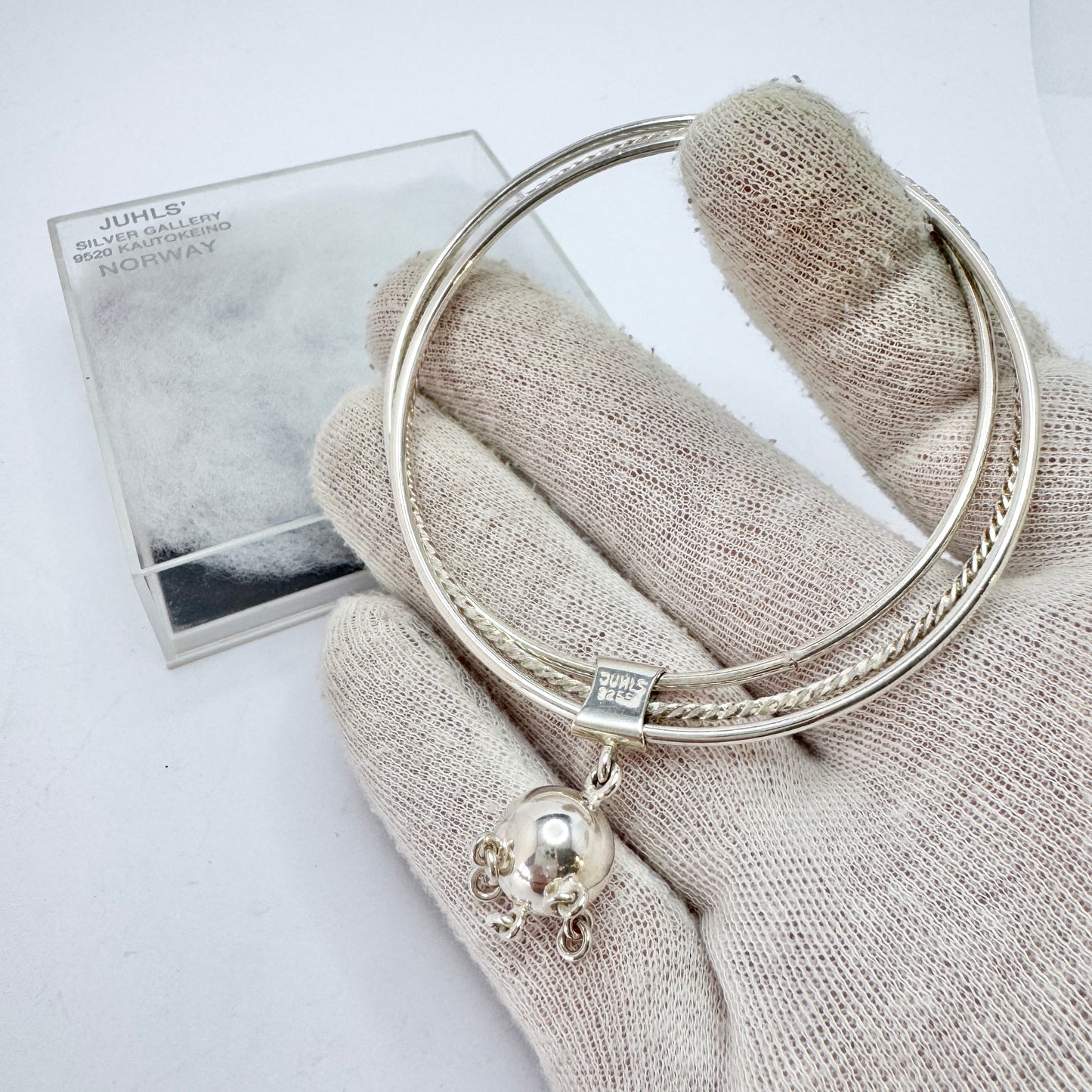 Juhls, Norway. Vintage Sterling Silver Bangle Stack Magic Ball Charm Bracelet. Boxed