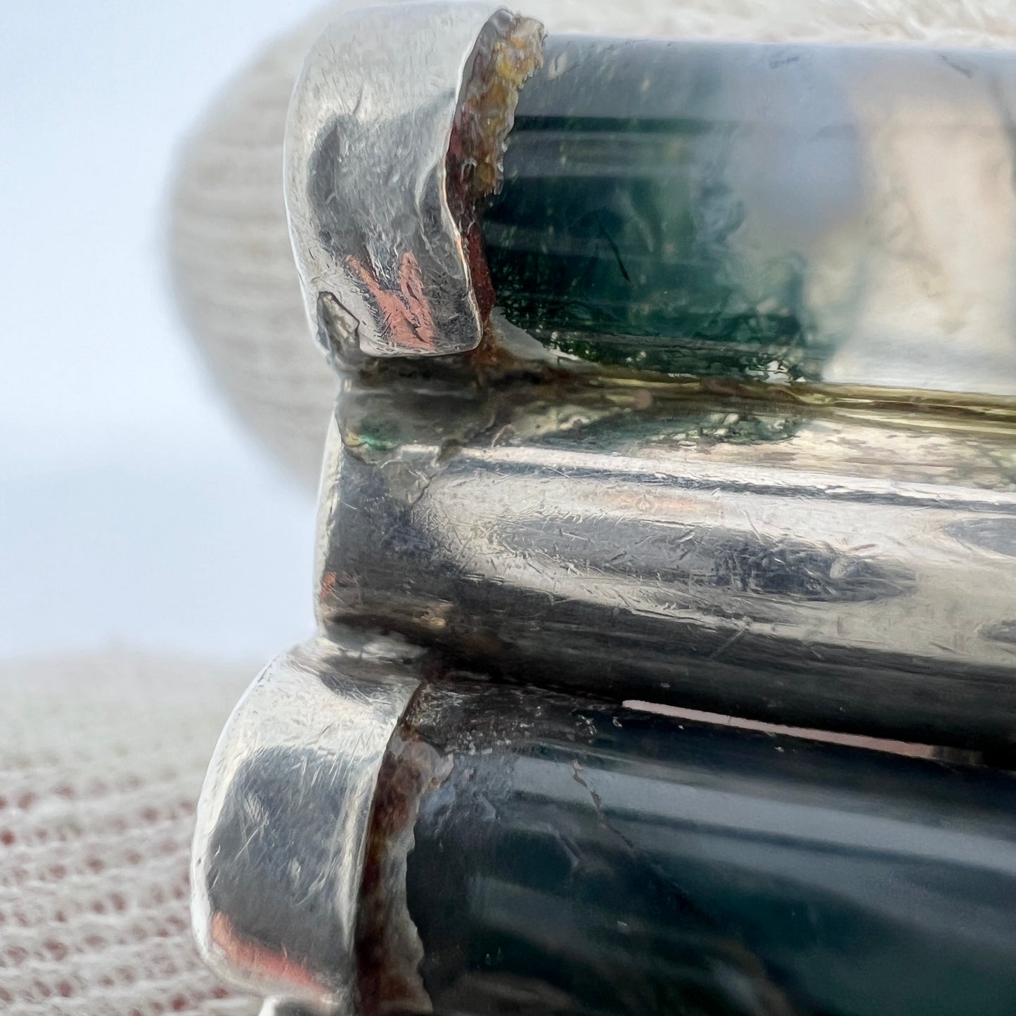 Vintage Machine Age Bold Sterling Silver Moss Agate Ring. Makers Mark.