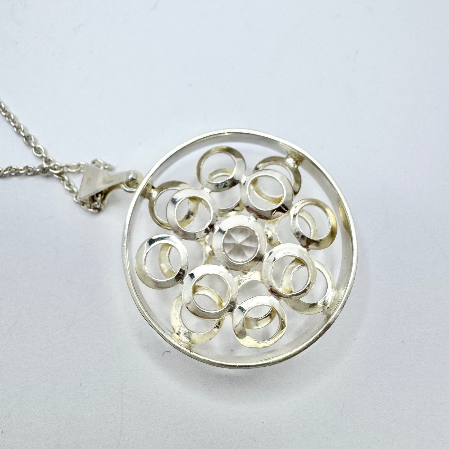 Salovaara, Finland year 1970. Vintage Sterling Silver Rock Crystal Pendant Necklace.