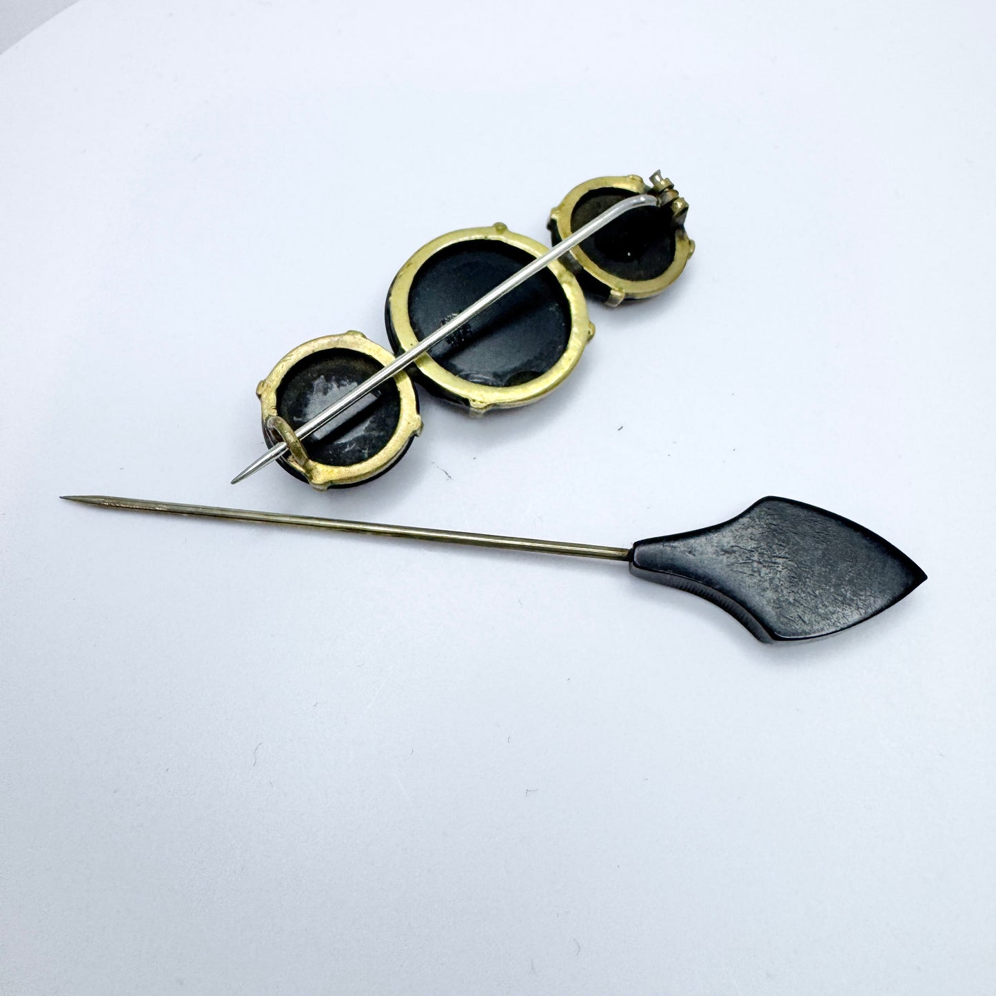 Antique c 1910s Mourning Costume Jewelry. Brooch + Pin.