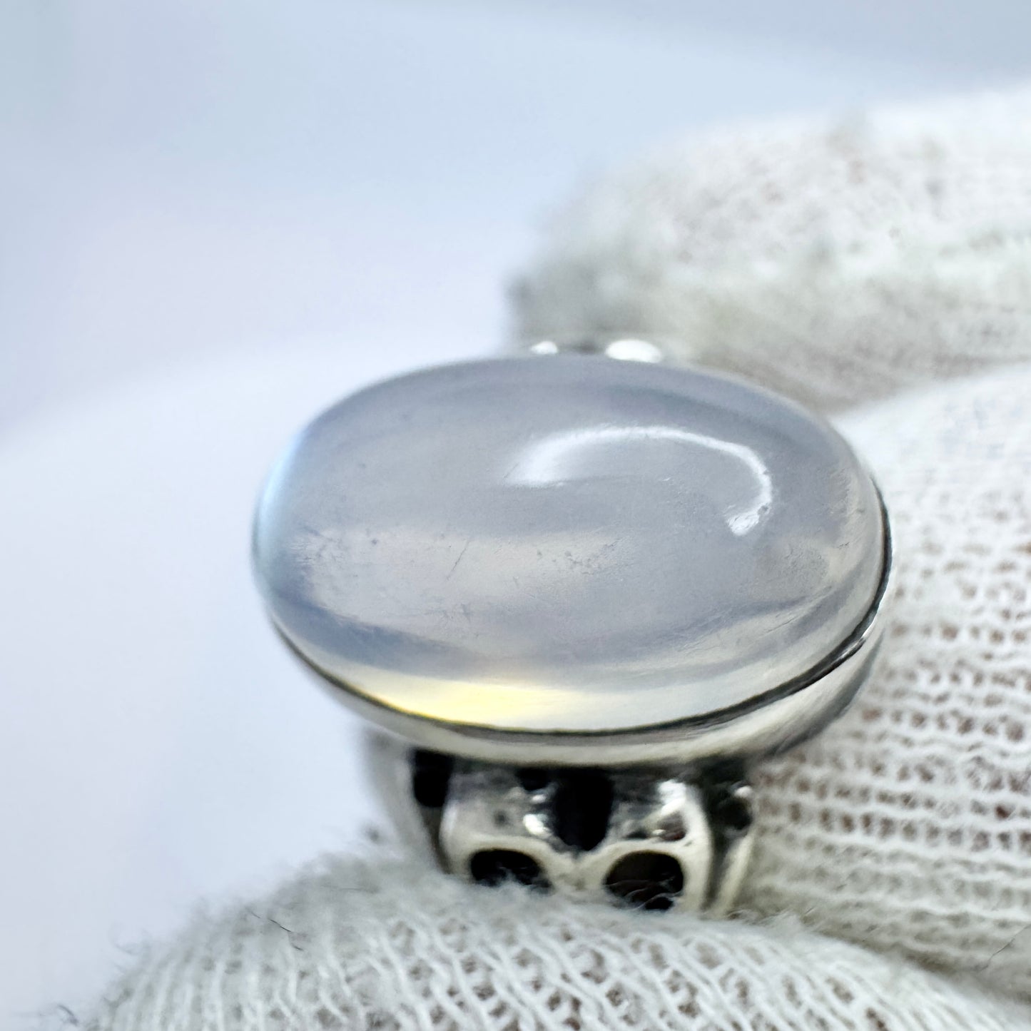 Antique ca 1910s Arts and Crafts Solid Silver Moonstone Heart Shoulder Ring.