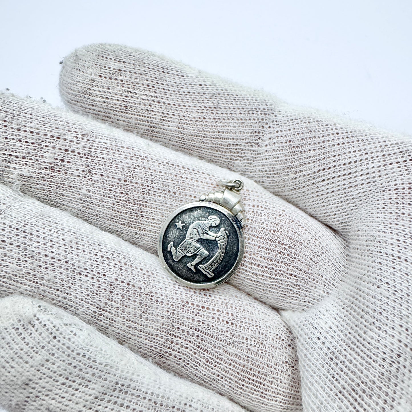 K & E Carlson, Sweden 1950s. Solid Silver Aquarius Zodiac Charm.