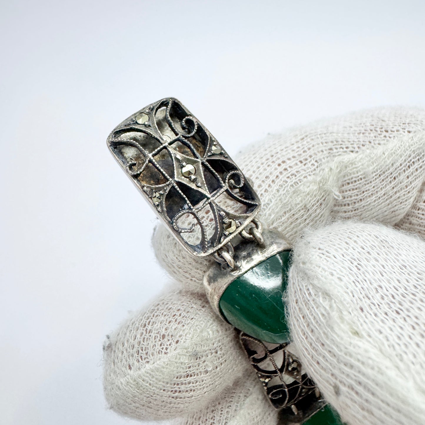 Germany c 1930. Art Deco Sterling Silver Chrysoprase Marcasite Bracelet.