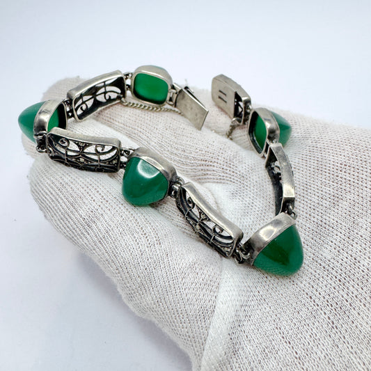 Germany c 1930. Art Deco Sterling Silver Chrysoprase Marcasite Bracelet.