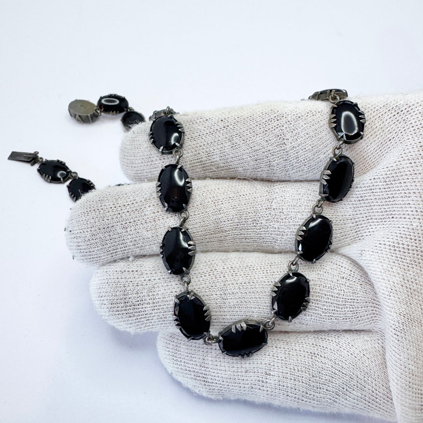 Antique 1920s Art Deco French Jet Solid Silver Necklace.