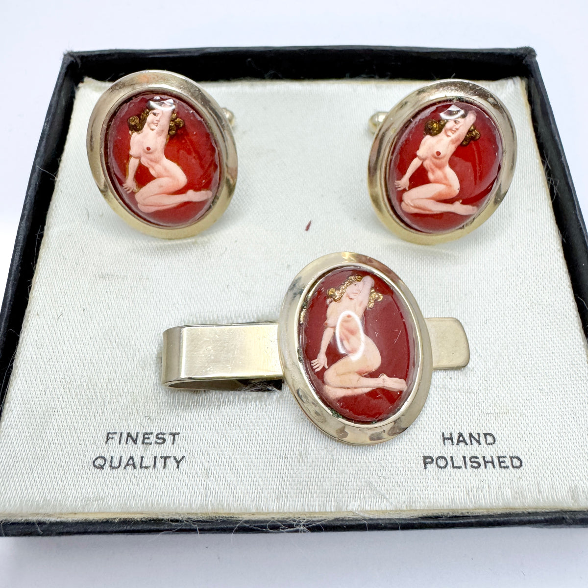 Vintage Pin-up Reverse Painted Crystal Metal Cufflinks and Tie-clip.