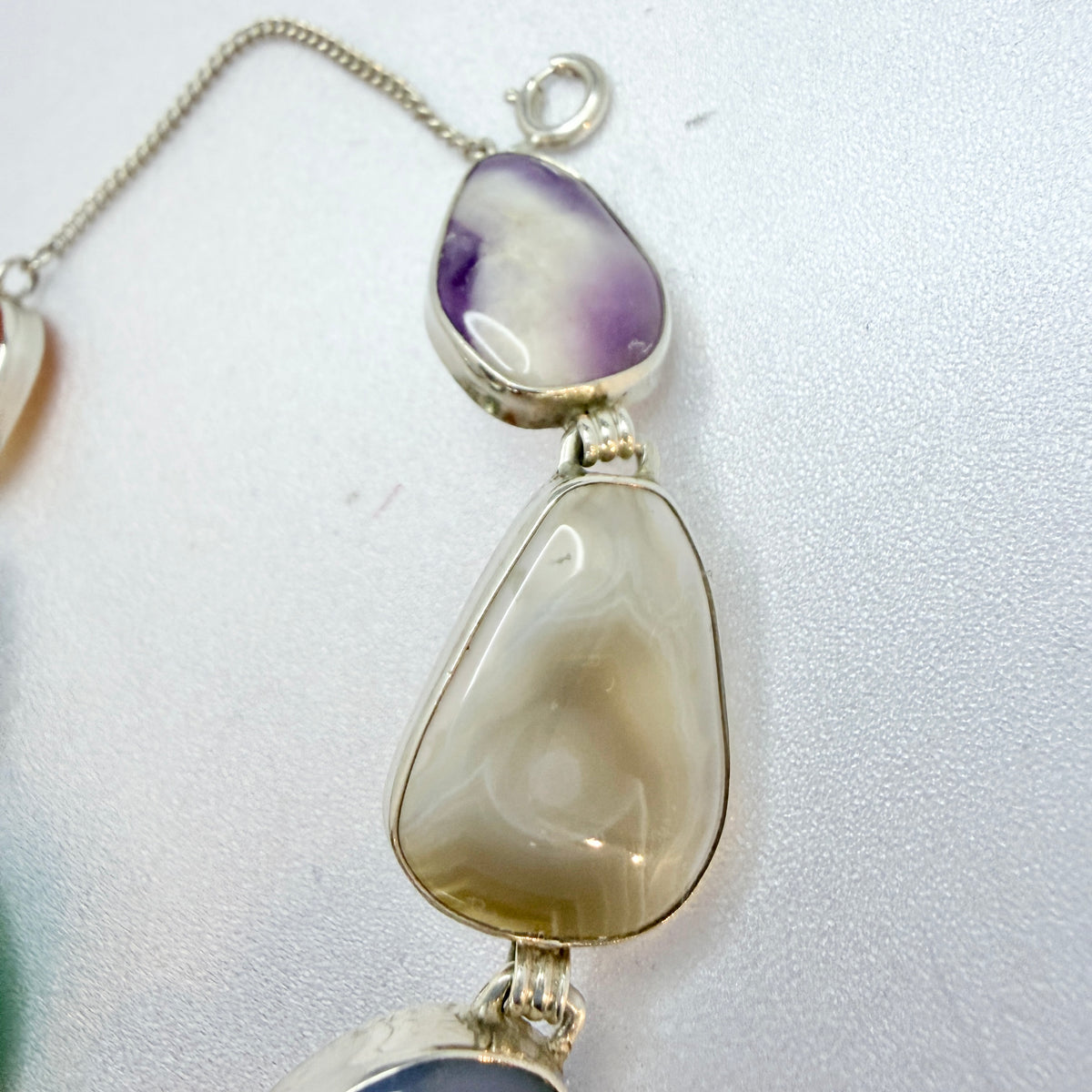 Vintage c 1960s. Solid Silver Agate / Quartz Stones Bracelet.