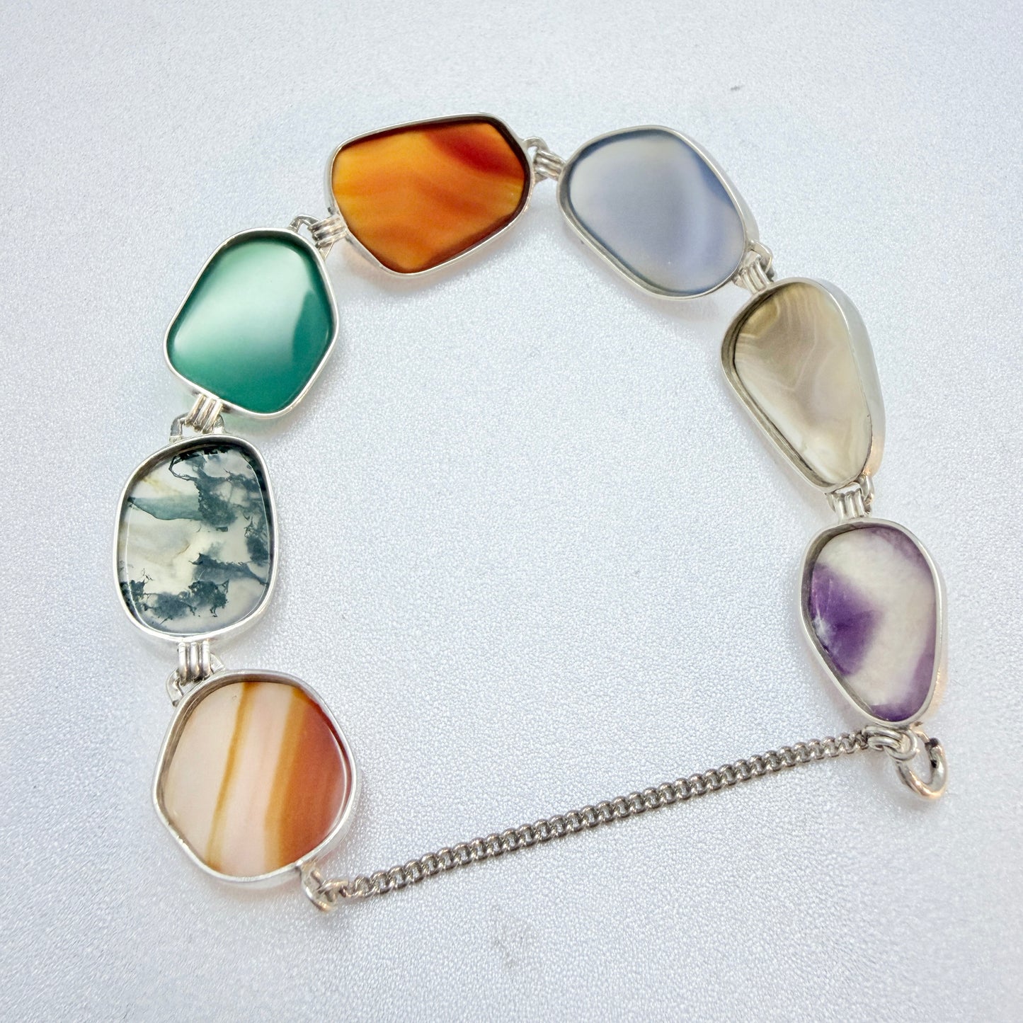 Vintage c 1960s. Solid Silver Agate / Quartz Stones Bracelet.