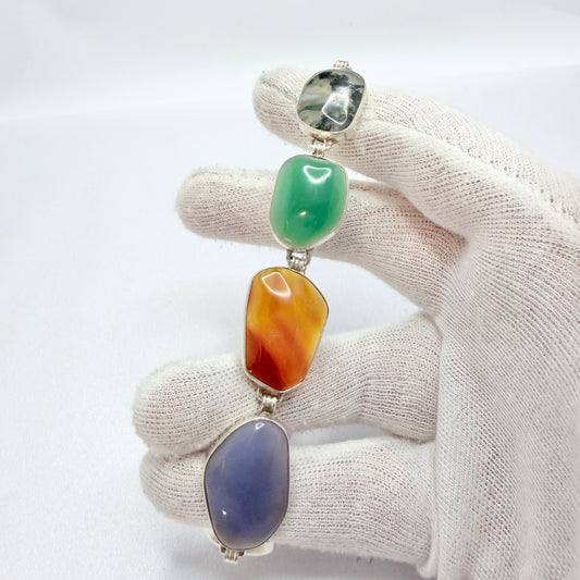 Vintage c 1960s. Solid Silver Agate / Quartz Stones Bracelet.