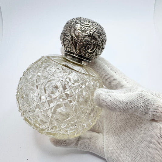 Antique Victorian Silver Top Cut Crystal Perfume Scent Bottle