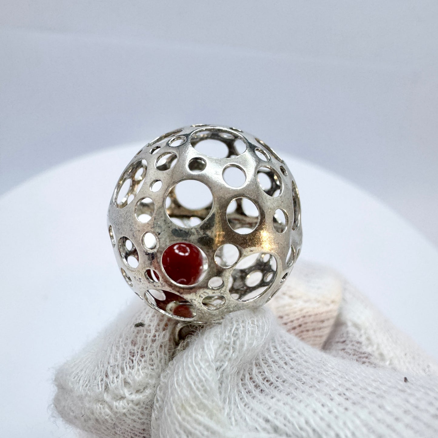 Liisa Vitali, Finland ca 1970. Vintage Sterling Silver Caged Carnelian Sphere Pendant.