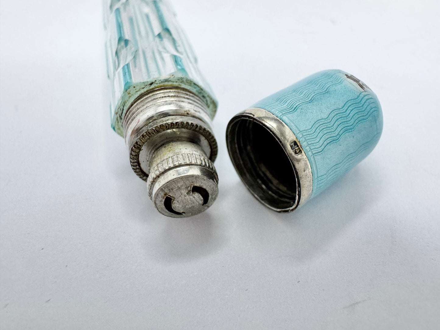 Vintage c 1930s. Sterling 935 Silver Enamel Glass Perfume Pendant Bottle.