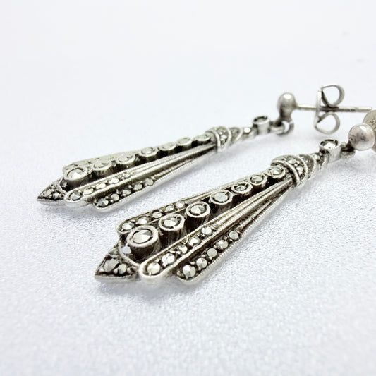 Vintage Art Deco 1930s Solid Silver Marcasite Dangle Earrings.