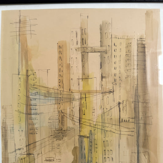 Avenue, 1960. Vintage Watercolor Painting.