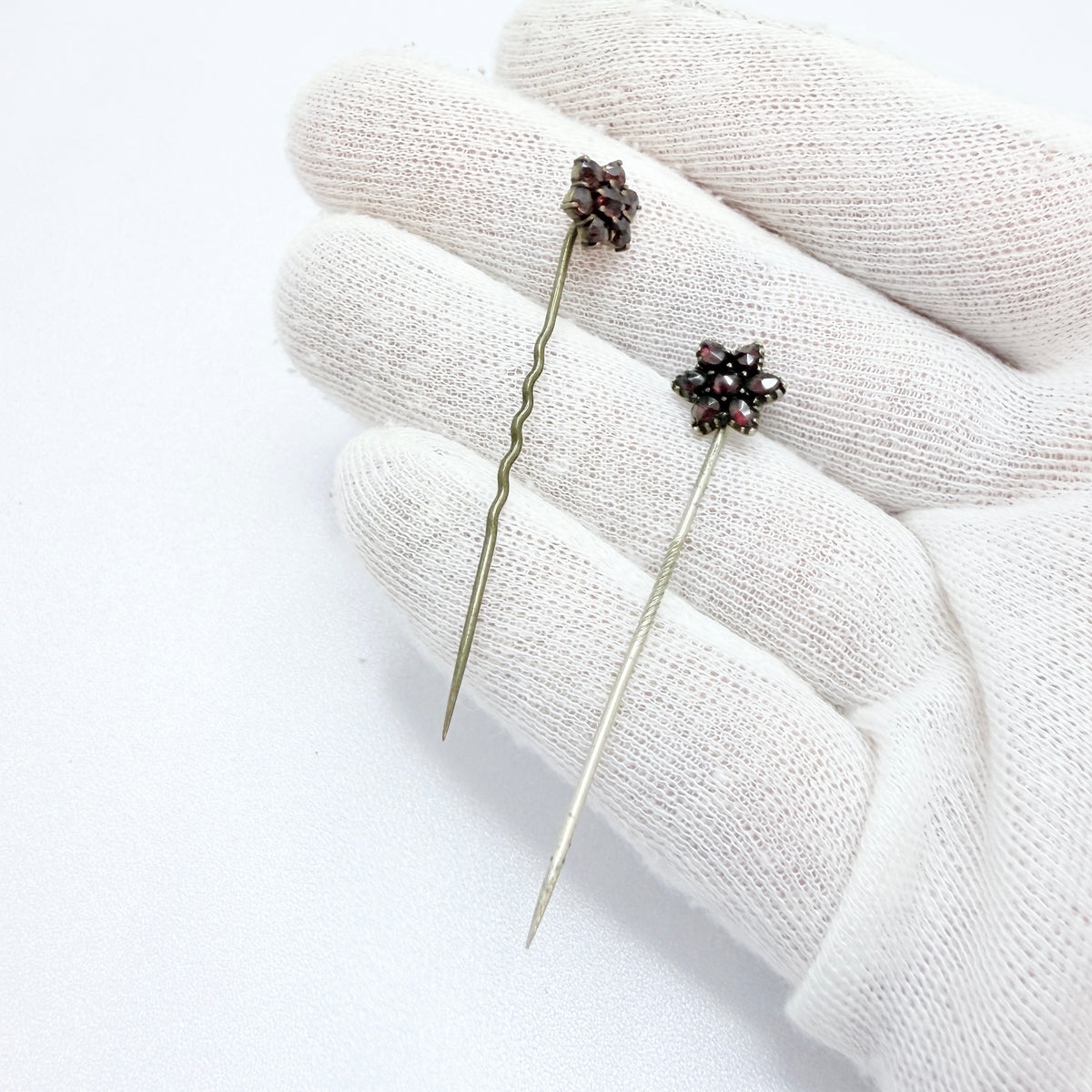 Two Antique Bohemian Garnet Gilt Metal Stick Pins Lapel Pins