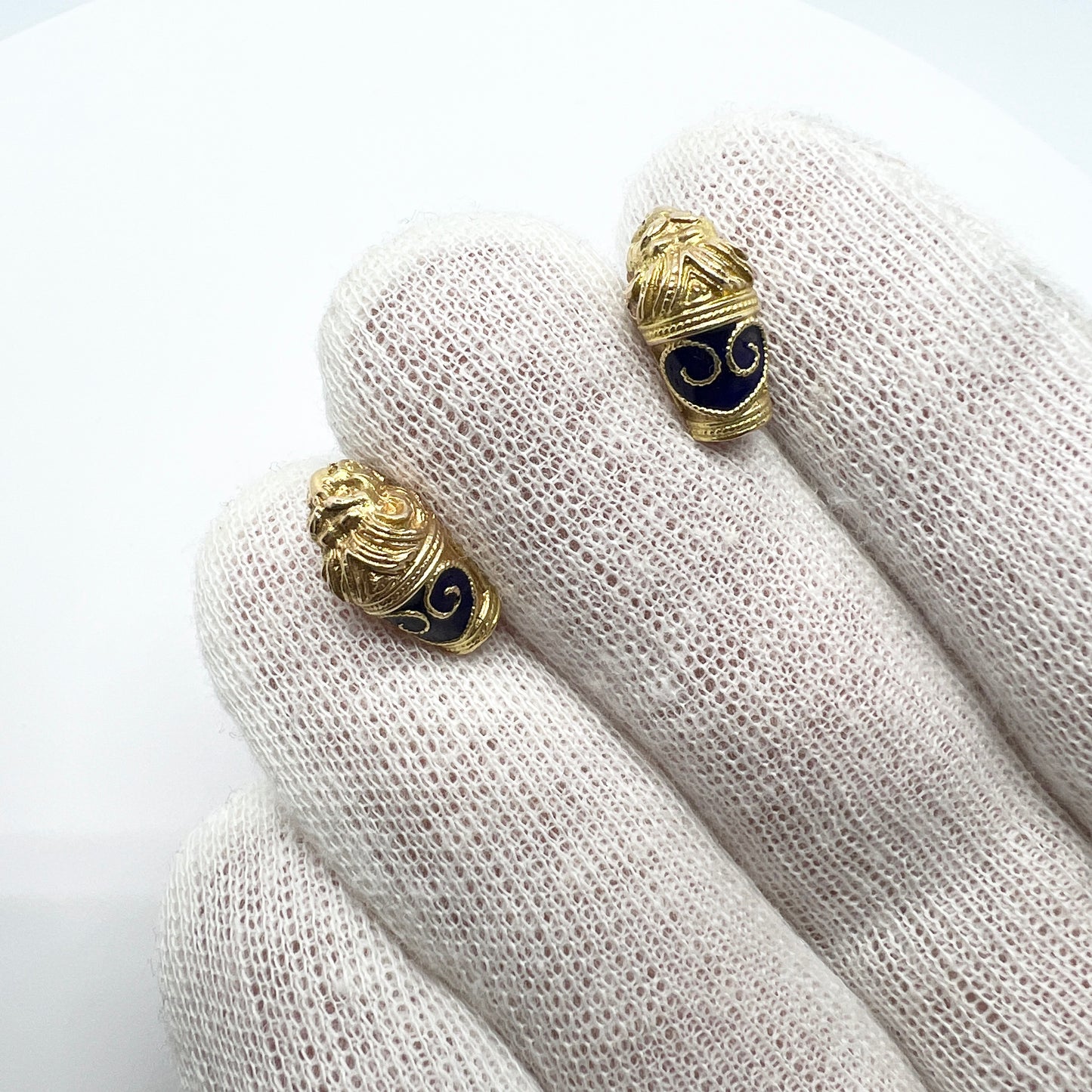 South Asia Vintage 14k Gold Dark Blue Enamel Lion's Head Pair of Stud Earrings.