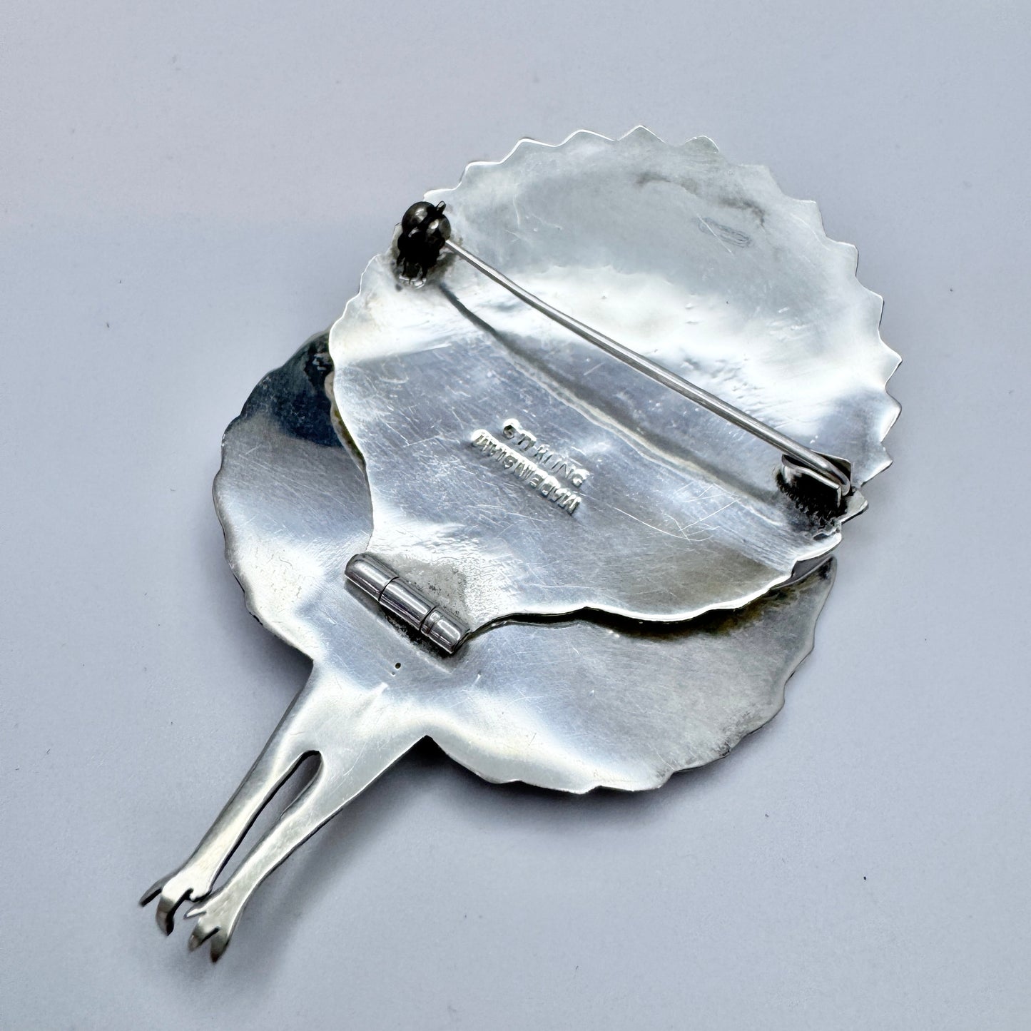 Siam. Large Vintage Sterling Silver Enamel Peacock Hinged Brooch.