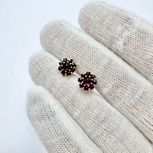 Vintage c 1950-60s. Garnet Cluster Gilt Solid Silver Stud Earrings.