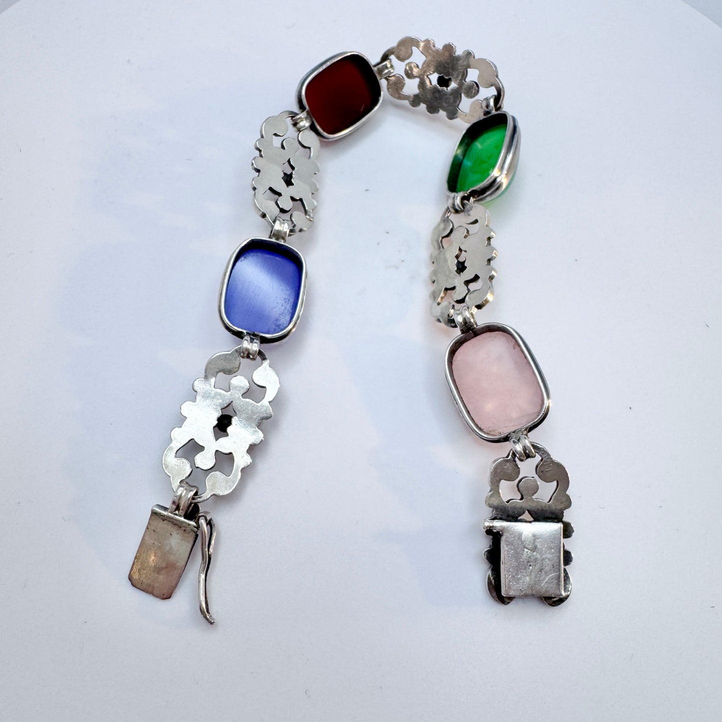 Sweden 1940-50s. Vintage Solid Silver Quartz Stones Bracelet.