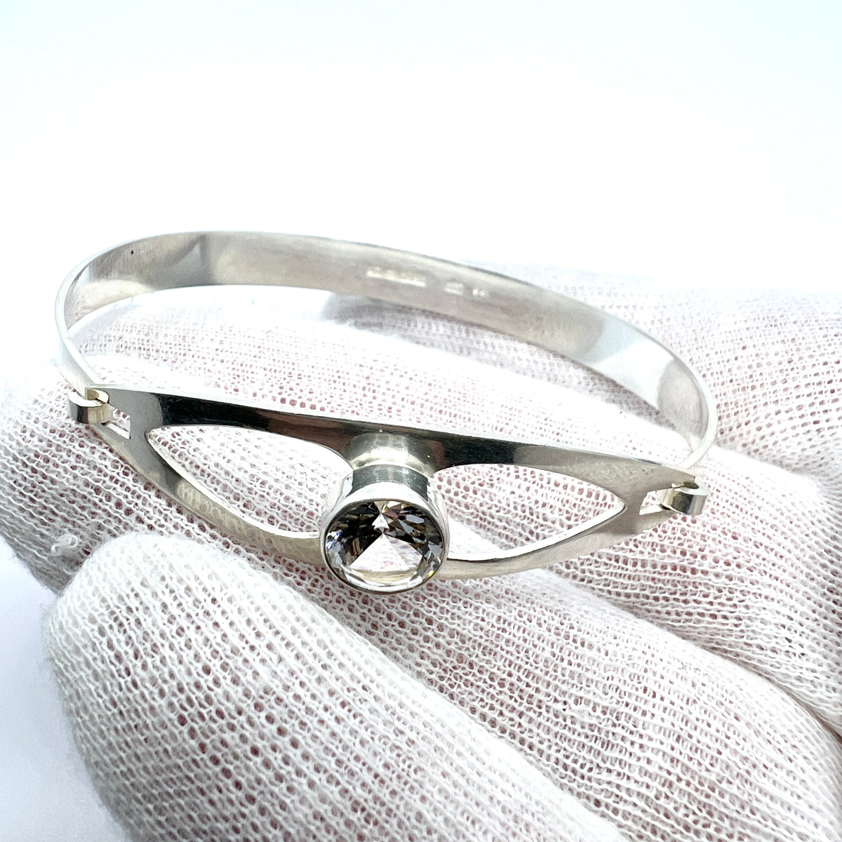 Salovaara, Finland 1969. Vintage Sold Silver Rock Crystal Hinged Bangle Bracelet.