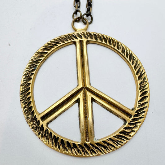 Gewe, Sweden 1970s. Huge Hippie-era Bronze Peace Symbol Pendant Necklace.