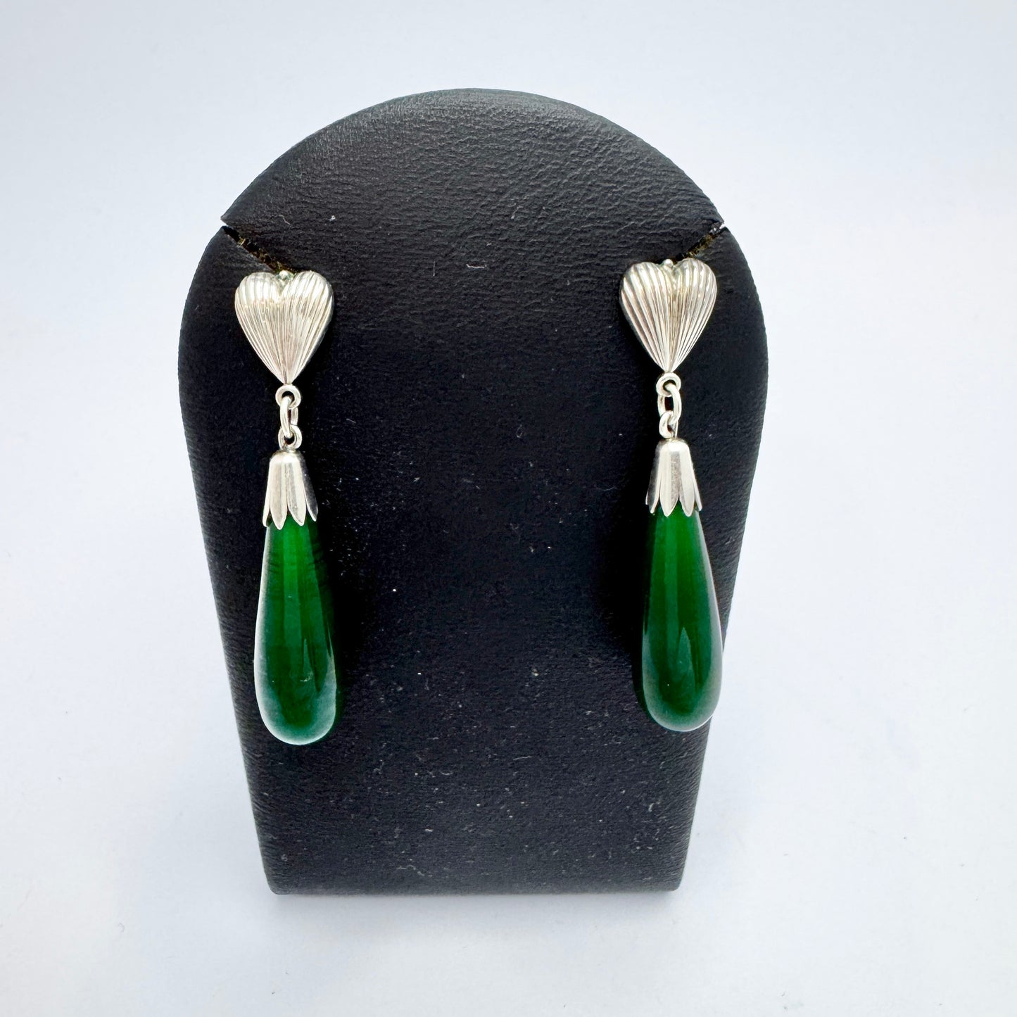 Svedboms, Sweden c 1940s. Solid Silver Deep Forest Green Agate Drop Dangle Earrings.