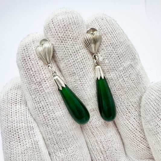 Svedboms, Sweden c 1940s. Solid Silver Deep Forest Green Agate Drop Dangle Earrings.