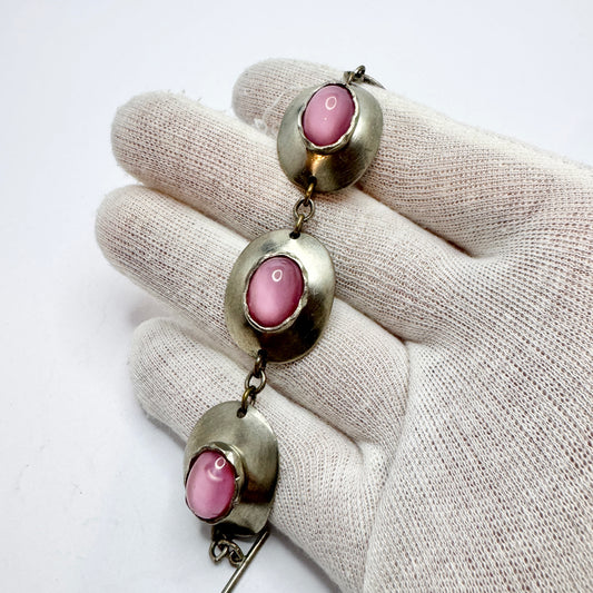 Denmark 1960-70s. Vintage Pewter Pink Art Glass Bracelet.