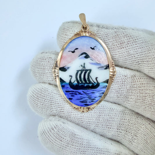 Arne Nordlie, Norway. Vintage Sterling Silver Enamel Viking Ship Pendant.
