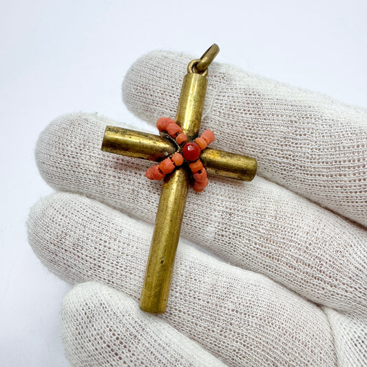 Antique Tombac Coral Cross Pendant. In Original Fitted Box.