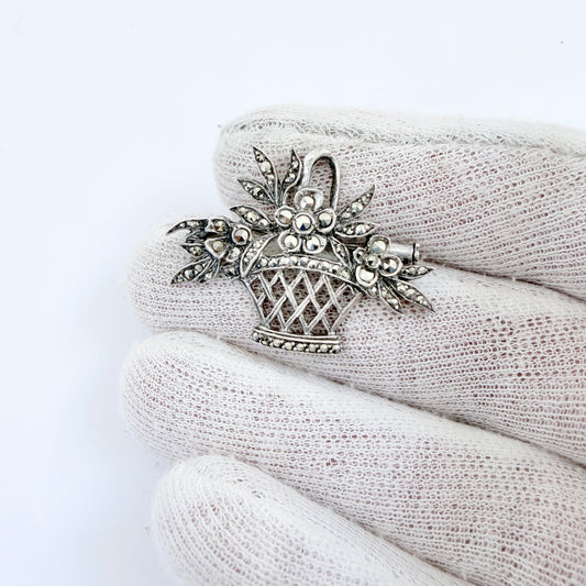 France c 1940-50s. Silver Silver Marcasite Flower Basket Brooch.