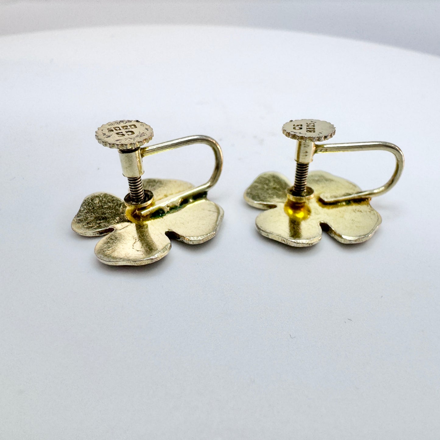 C.S, Denmark c 1940-50s. Solid Silver Green Enamel Four-leaf Clover Earrings.