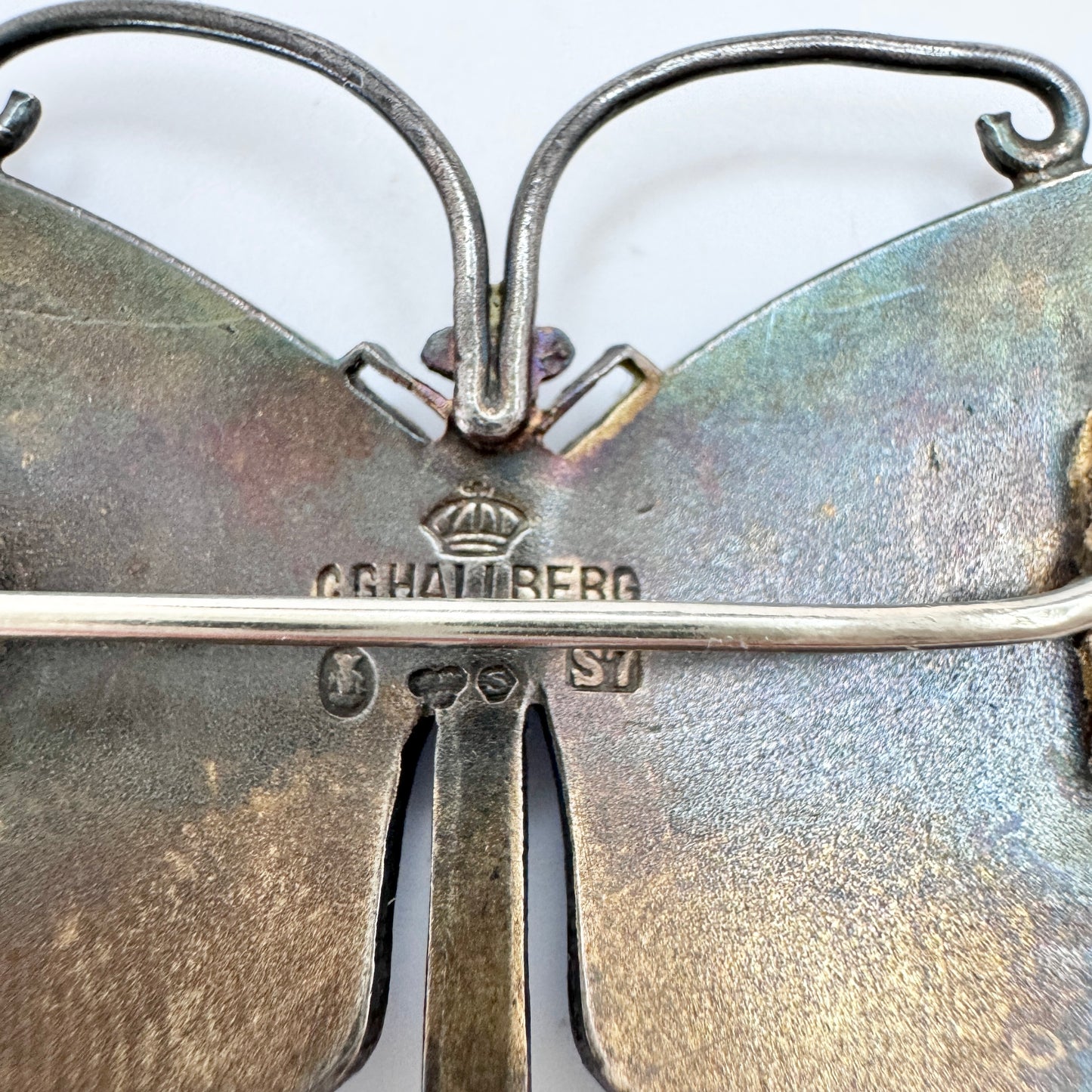 CG Hallberg, Sweden year 1920. Large Antique Sterling Silver Enamel Butterfly Brooch.