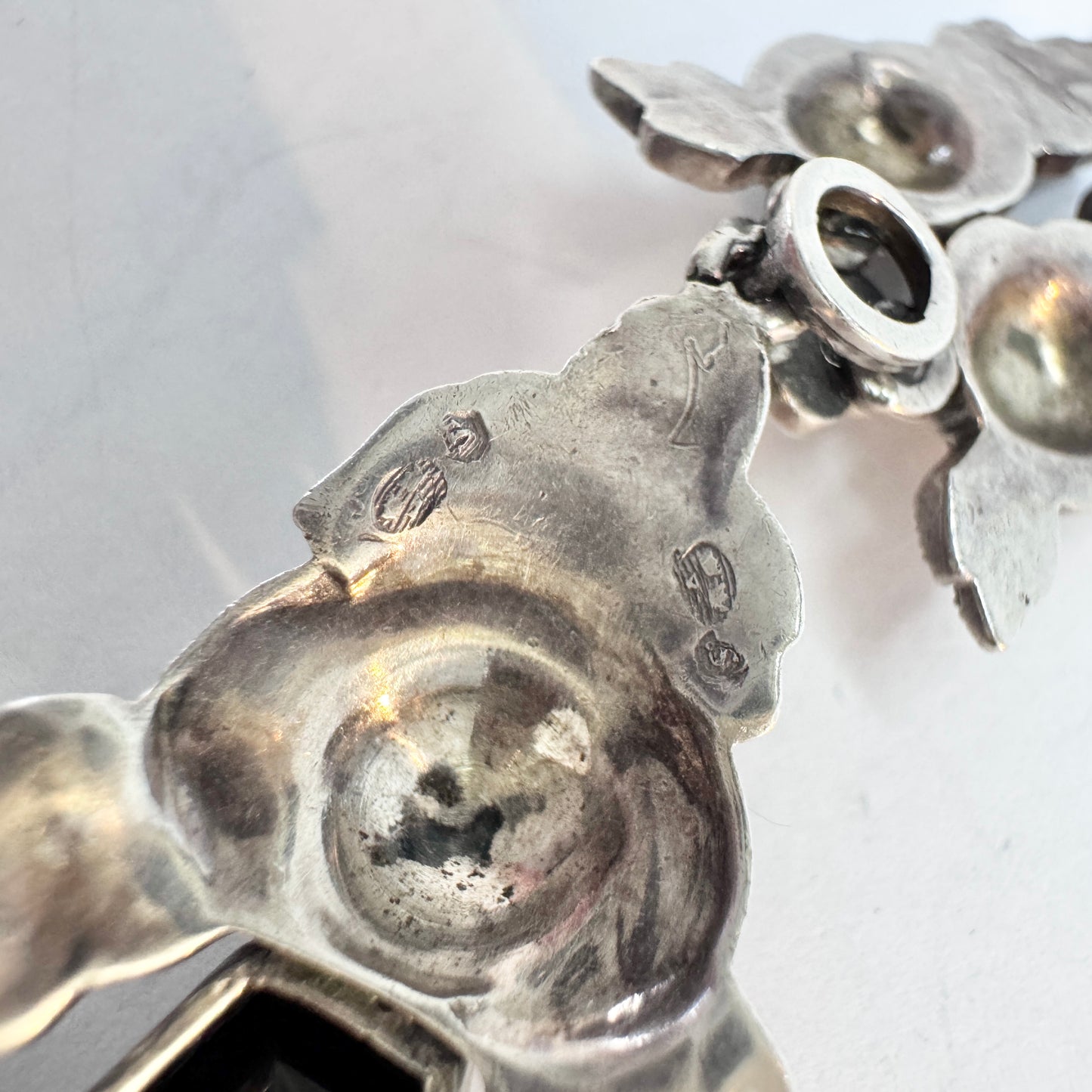 Sweden 1930-40s. Solid SIlver Onyx Marcasite Pendant Necklace.