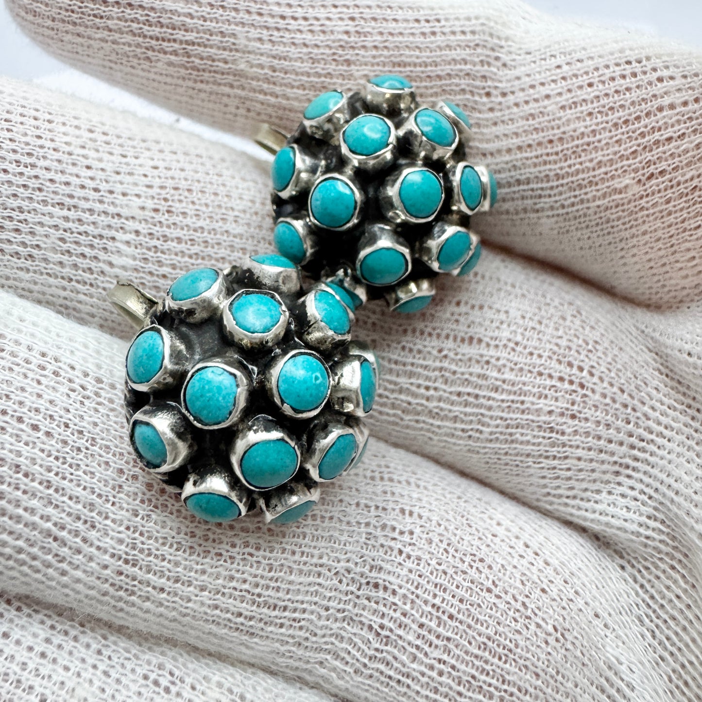 MS, Mexico c 1950s. Bold Vintage Sterling Silver Turquoise Earrings.