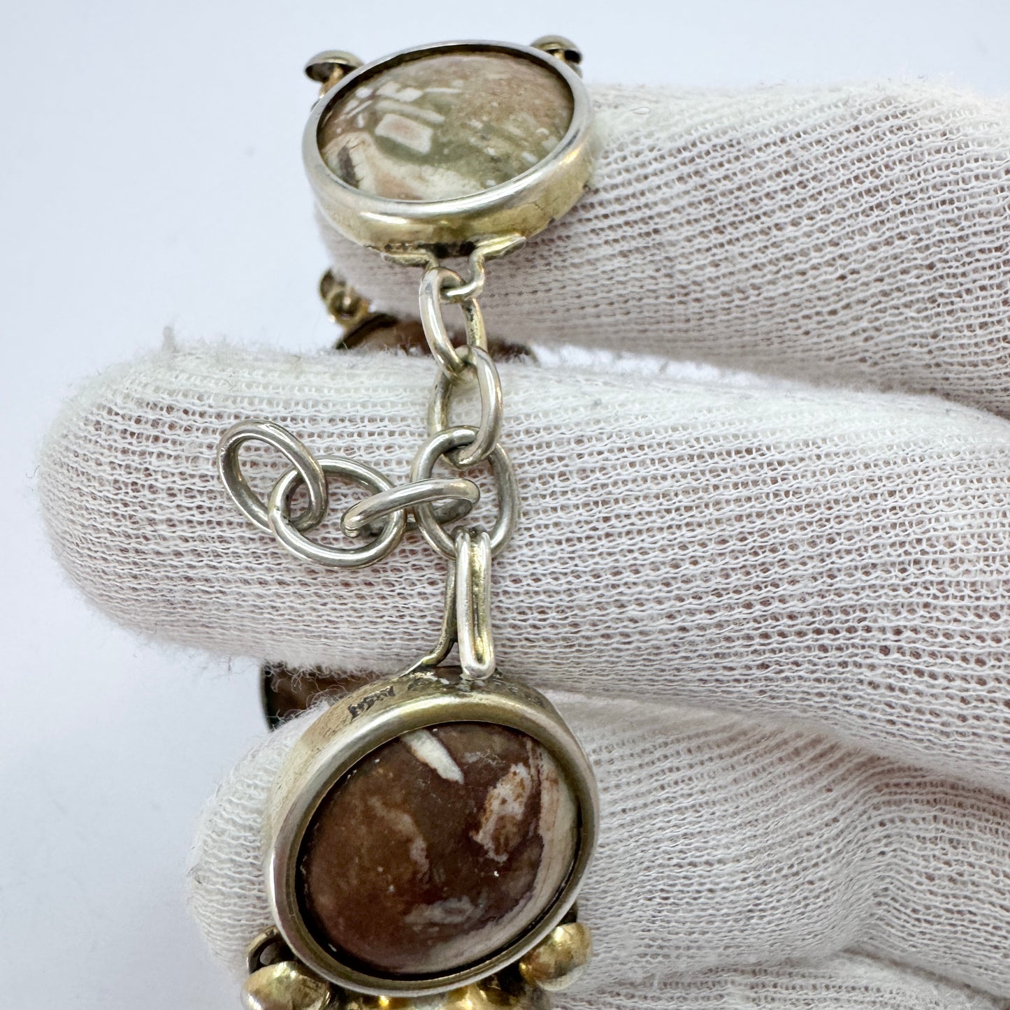 Sweden year 1890. Antique Victorian Solid Silver Limestone Marble Bracelet.