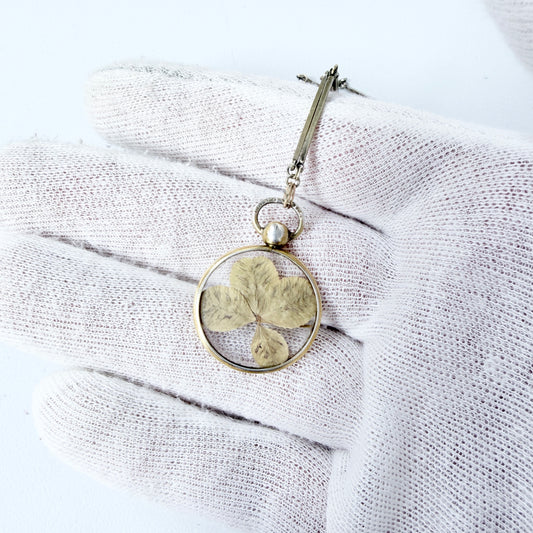 CG Hallberg, Sweden 1913. Antique Silver Four-leaf clover Locket + Long Chain.