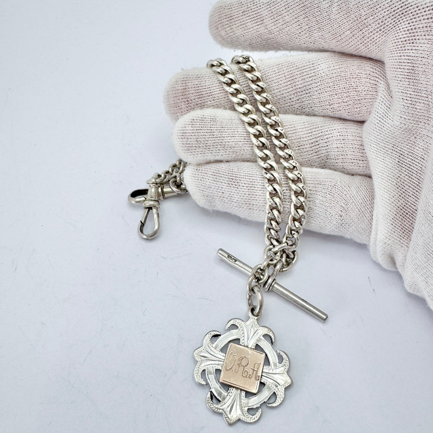 Antique Sterling Silver Curb-link T Bar Albert Chain