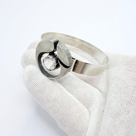 Sten & Laine, Finland 1976. Vintage Sterling Silver Rock Crystal Hinged Bangle Bracelet