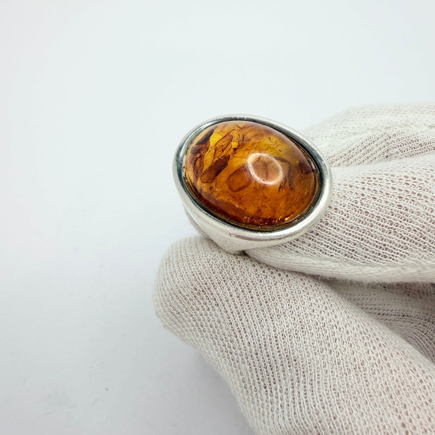Horsens Solvvarefabrikk, Denmark 1960-70s. Bold Vintage Solid Silver Amber Ring